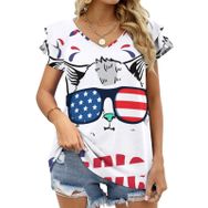 AILLOSA TH-340 V Yakalı Fırfırlı Baskılı Kadın T-shirt