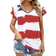 AILLOSA TH-341 V Yakalı Fırfırlı Baskılı Kadın T-shirt