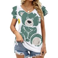 AILLOSA TH-344 V Yakalı Fırfırlı Baskılı Kadın T-shirt