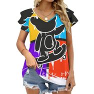 AILLOSA TH-347 V Yakalı Fırfırlı Baskılı Kadın T-shirt