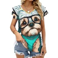 AILLOSA TH-348 V Yakalı Fırfırlı Baskılı Kadın T-shirt
