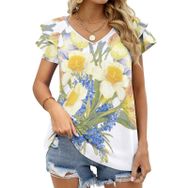 AILLOSA TH-35 V Yakalı Fırfırlı Baskılı Kadın T-shirt