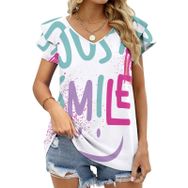 AILLOSA TH-350 V Yakalı Fırfırlı Baskılı Kadın T-shirt