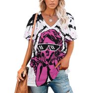 AILLOSA TH-352 Tamamı Baskılı V Yaka Kısa Kollu Kadın T-shirt