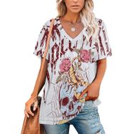 AILLOSA TH-356 Tamamı Baskılı V Yaka Kısa Kollu Kadın T-shirt