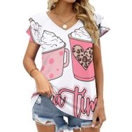 AILLOSA TH-360 V Yakalı Fırfırlı Baskılı Kadın T-shirt