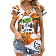 AILLOSA TH-362 V Yakalı Fırfırlı Baskılı Kadın T-shirt