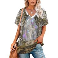 AILLOSA TH-367 Tamamı Baskılı V Yaka Kısa Kollu Kadın T-shirt