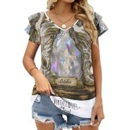AILLOSA TH-367 V Yakalı Fırfırlı Baskılı Kadın T-shirt