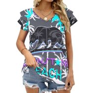 AILLOSA TH-369 V Yakalı Fırfırlı Baskılı Kadın T-shirt