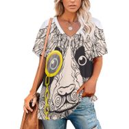 AILLOSA TH-371 Tamamı Baskılı V Yaka Kısa Kollu Kadın T-shirt