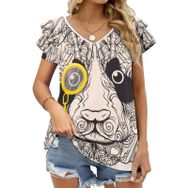 AILLOSA TH-371 V Yakalı Fırfırlı Baskılı Kadın T-shirt