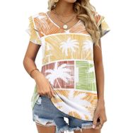 AILLOSA TH-372 V Yakalı Fırfırlı Baskılı Kadın T-shirt