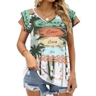 AILLOSA TH-375 V Yakalı Fırfırlı Baskılı Kadın T-shirt