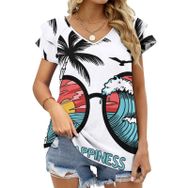 AILLOSA TH-378 V Yakalı Fırfırlı Baskılı Kadın T-shirt