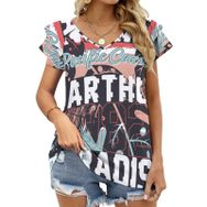 AILLOSA TH-379 V Yakalı Fırfırlı Baskılı Kadın T-shirt