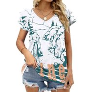AILLOSA TH-38 V Yakalı Fırfırlı Baskılı Kadın T-shirt