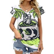 AILLOSA TH-380 V Yakalı Fırfırlı Baskılı Kadın T-shirt