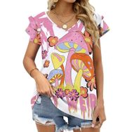 AILLOSA TH-381 V Yakalı Fırfırlı Baskılı Kadın T-shirt