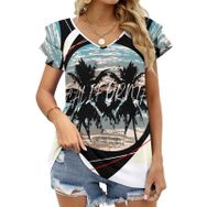 AILLOSA TH-382 V Yakalı Fırfırlı Baskılı Kadın T-shirt