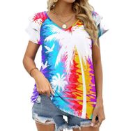 AILLOSA TH-385 V Yakalı Fırfırlı Baskılı Kadın T-shirt