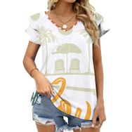 AILLOSA TH-386 V Yakalı Fırfırlı Baskılı Kısa Kollu Kadın T-shirt