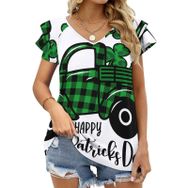 AILLOSA TH-388 V Yakalı Fırfırlı Baskılı Kısa Kollu Kadın T-shirt