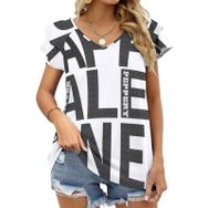 AILLOSA TH-39 V Yakalı Fırfırlı Baskılı Kısa Kollu Kadın T-shirt