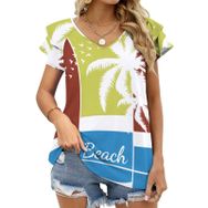 AILLOSA TH-390 V Yakalı Fırfırlı Baskılı Kısa Kollu Kadın T-shirt