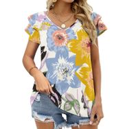 AILLOSA TH-391 V Yakalı Fırfırlı Baskılı Kısa Kollu Kadın T-shirt