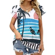 AILLOSA TH-392 V Yakalı Fırfırlı Baskılı Kısa Kollu Kadın T-shirt
