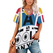 AILLOSA TH-393 Tamamı Baskılı V Yaka Kısa Kollu Kadın T-shirt