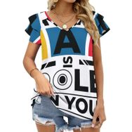 AILLOSA TH-393 V Yakalı Fırfırlı Baskılı Kısa Kollu Kadın T-shirt