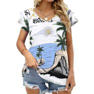 AILLOSA TH-394 V Yakalı Fırfırlı Baskılı Kısa Kollu Kadın T-shirt