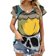 AILLOSA TH-395 V Yakalı Fırfırlı Baskılı Kısa Kollu Kadın T-shirt