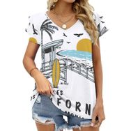 AILLOSA TH-396 V Yakalı Fırfırlı Baskılı Kısa Kollu Kadın T-shirt