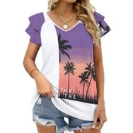 AILLOSA TH-397 V Yakalı Fırfırlı Baskılı Kısa Kollu Kadın T-shirt