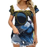 AILLOSA TH-399 V Yakalı Fırfırlı Baskılı Kısa Kollu Kadın T-shirt
