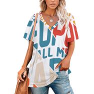 AILLOSA TH-402 Tamamı Baskılı Kısa Kollu V Yakalı Kadın T-shirt