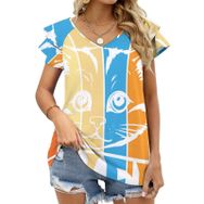 AILLOSA TH-404 V Yakalı Fırfırlı Baskılı Kısa Kollu Kadın T-shirt