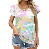 AILLOSA TH-406 V Yakalı Fırfırlı Baskılı Kısa Kollu Kadın T-shirt