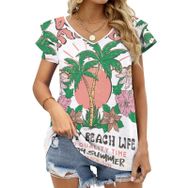 AILLOSA TH-407 V Yakalı Fırfırlı Baskılı Kısa Kollu Kadın T-shirt