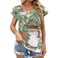 AILLOSA TH-408 V Yakalı Fırfırlı Baskılı Kısa Kollu Kadın T-shirt