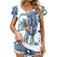 AILLOSA TH-409 V Yakalı Fırfırlı Baskılı Kısa Kollu Kadın T-shirt