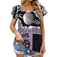 AILLOSA TH-41 V Yakalı Fırfırlı Baskılı Kısa Kollu Kadın T-shirt