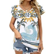 AILLOSA TH-410 V Yakalı Fırfırlı Baskılı Kısa Kollu Kadın T-shirt