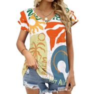 AILLOSA TH-411 V Yakalı Fırfırlı Baskılı Kısa Kollu Kadın T-shirt