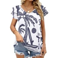 AILLOSA TH-412 V Yakalı Fırfırlı Baskılı Kısa Kollu Kadın T-shirt