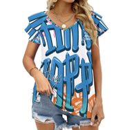 AILLOSA TH-413 V Yakalı Fırfırlı Baskılı Kısa Kollu Kadın T-shirt