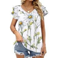 AILLOSA TH-414 V Yakalı Fırfırlı Baskılı Kısa Kollu Kadın T-shirt